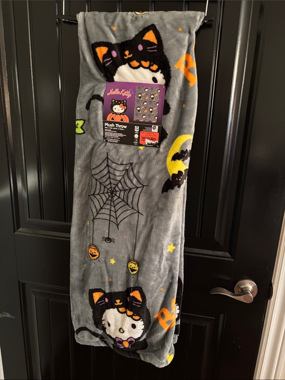 Hello Kitty Gray Halloween Plush Throw with Black Cat and Pumpkin Accents